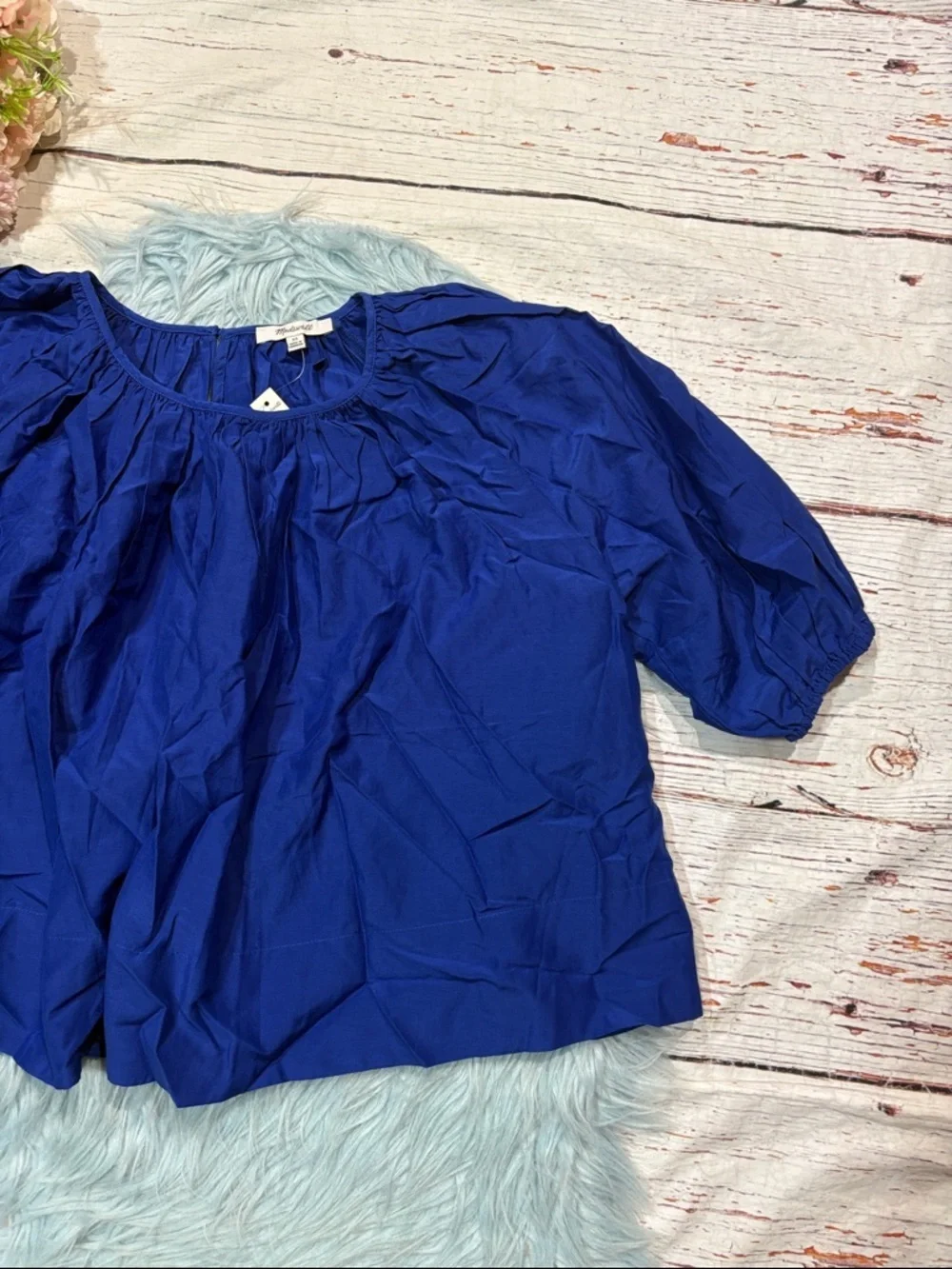 NWT Madewell Bright Blue Shirred Puff-Sleeve Cotton Silk Blend Top